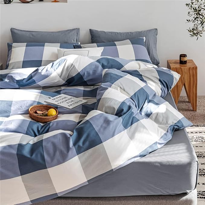 Queen Comforter Set Modern Style Checkered Pattern Comforter Boho Farmhouse Blue White Grey Geometric Plaid Comforter with 2 Pillowcases Soft Fluffy 3 Pieces Lightweight Bedding Set for All Season