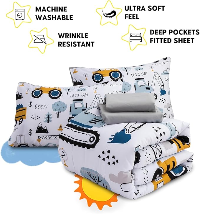 Holawakaka Trucks Tractors Cars Boys 5-Piece Bedding Comforter Sheet Set,Full Size Cartoon Construction Car Excavator Print Kids Bed in A Bag, Excavator Mixer Truck Printed Bed Sets (White Full)
