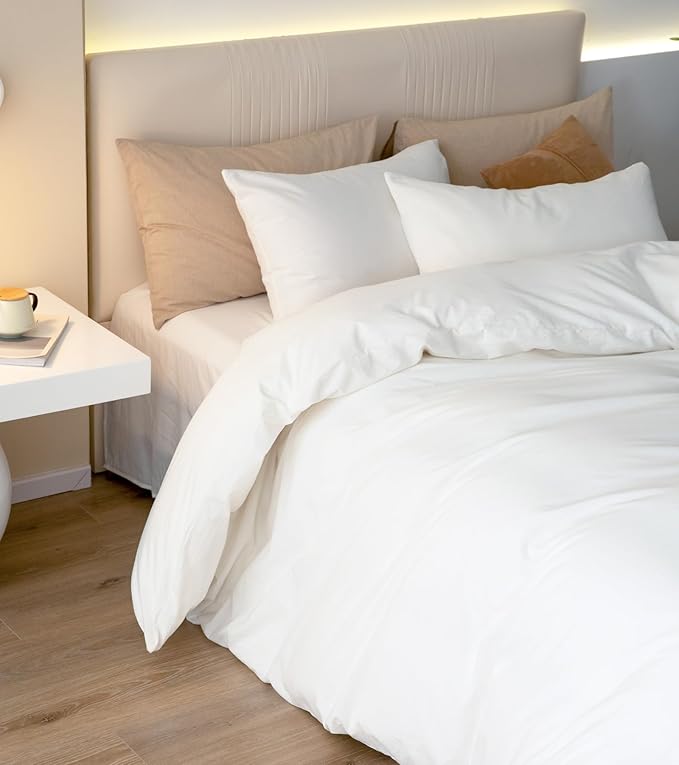 JIYUAN 100% Washed Cotton Duvet Cover Set 3 Pieces Cal King, 1 Duvet Cover 104x98 Inches(Comforter Not Included) and 2 Pillowcases,Linen Feel Bedding Set Comfy and Breathable,Bright White