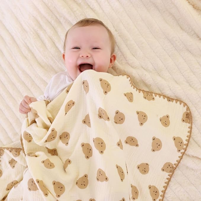 Double Layered 100% Cotton Muslin Baby Blanket Ultra-Soft 40x40 Inch Swaddling Nursery Crib Blanket(Cute Bear)