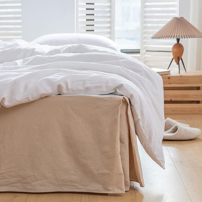 BISELINA French Linen Bed Skirt with Pleated Corner 14-Inch Tailored Drop Natural Flax Cotton Blend Basic Dust Ruffle Soft Cozy Farmhouse Bedding (14" King, Basic Linen)
