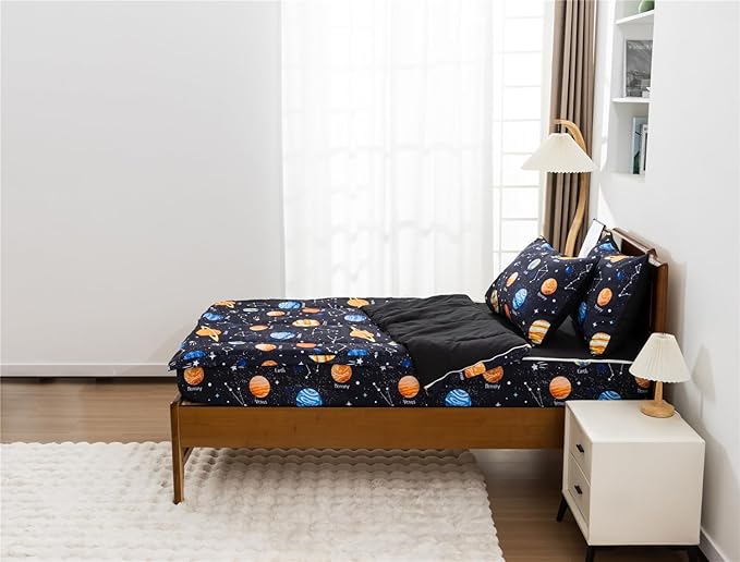 Meeting Story 3pcs Kids Comforter Sets Zipper Bedding Set for Boys,Twin Kid Bedding Set Outer Space Comforter Universe Galaxy Bedding for Kid,All in one Zipper Bedding(Black,Twin)