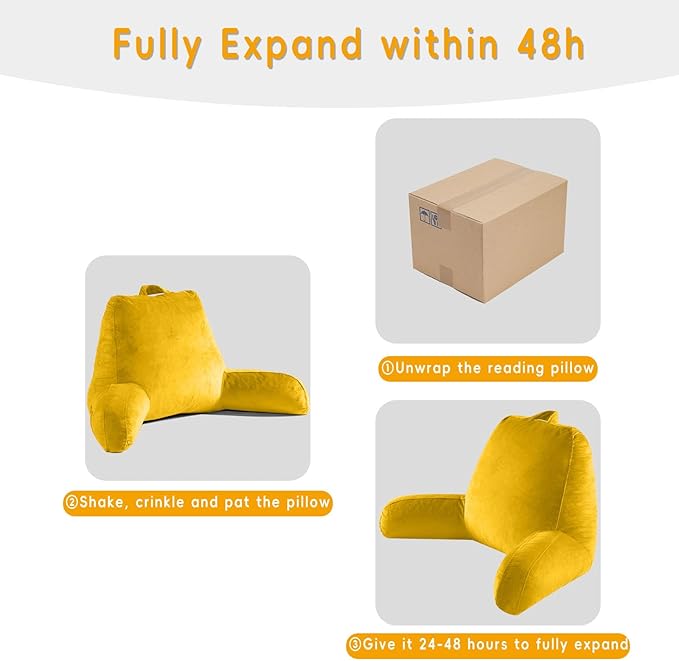 Reading Pillow for Sitting in Bed Adult, X-Large Reading Pillow with Shredded Memory Foam, Back Pillow for Sitting Up with Extend Arms, Pockets, Bed Pillow with Washable Cover, Yellow