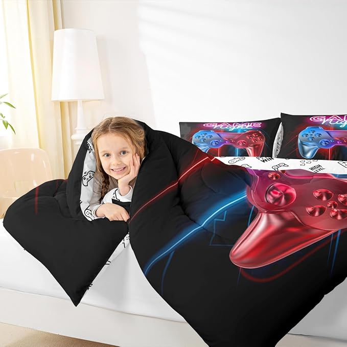 Boys Gaming Comforter Set Twin Size Teens Gamer Bedding Set Modern Blue Red Video Game Controller Comforter For Kids Children Youth Bedroom Decor Multi-Color Gamer Console Action Buttons Duvet Set