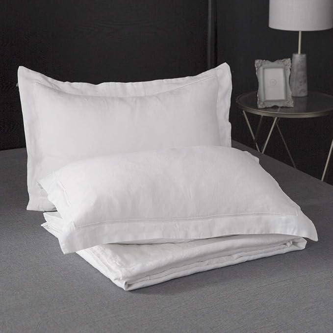 Simple&Opulence 100% Linen Duvet Cover Set with Embroidery Border Washed - 3 Pieces (1 Duvet Cover with 2 Pillow Shams) with Button Closure Soft Breathable Farmhouse - White, Queen Size