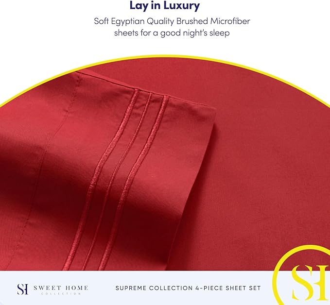 Split King Sheets - Breathable Luxury Sheets with Full Elastic & Secure Corner Straps Built In - 1800 Supreme Collection Extra Soft Deep Pocket Bedding Set, Sheet Set, Split King Size, Red