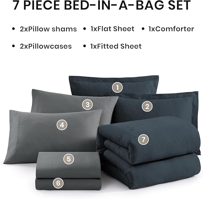 Monbix California King Comforter Set - 7 Pieces Cationic Dyeing Navy Blue Bed in a Bag Cal King Bedding Sets with Comforter, Sheets, Pillowcases & Shams, Reversible Bedding Comforters Sets