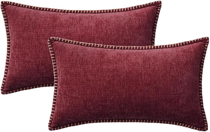 MIULEE Pack of 2 Christmas Pillow Covers 12x20 Inch Burgundy Red Farmhouse Decorative Throw Pillow Covers with Stitched Edge Soft Chenille Solid Dyed Couch Pillow Covers for Sofa Bed Living Room