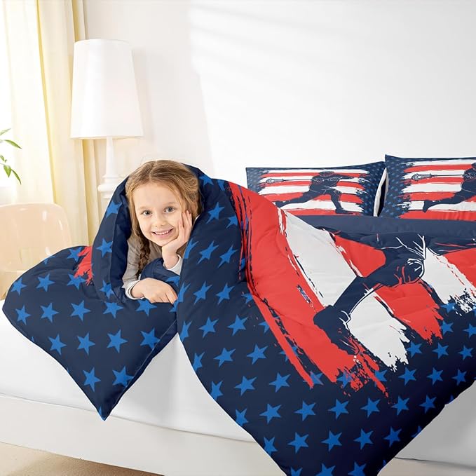 Feelyou Lacrosse Comforter Set Twin Size Boys Gilrs American Flag Sports Theme Bedding Set for Kids Adults Ultra Soft Lacrosse Player Games Comforter Navy Blue Duvet Set Room Decor Quilt Set