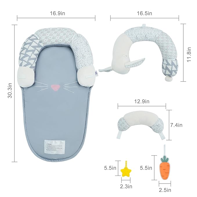 Lovvie & Joy 2-in-1 Tummy Time Mat & Seated Support Pillow,Baby Tummy Time Pillow Support for Newborns and Older Babies,with Detachable Support Pillow and Toys Rabbit