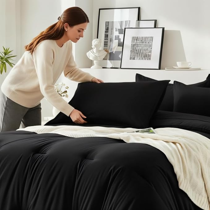 Oversized Queen Comforter Set 7 Pieces - Ultra-Soft Bed in a Bag, Cozy Luxury All Season Bedding Sets with Comforter, Flat Sheet, Fitted Sheet, 2 Pillow Shams & 2 Pillowcases, Black