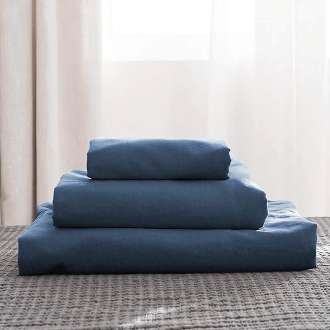 Simple&Opulence Belgian Linen Sheet Set Solid Color - 3 Pieces (1 Flat Sheet, 1 Fitted Sheet & 1 Pillowcase) Natural Flax Cotton Blend Soft Breathable Farmhouse Bedding - Twin Size, Classic Blue