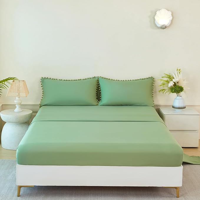 PERFEMET Green Comforter Set Queen Size 5 Pieces Boho Pom Pom Fringe Bedding Comforters for Girls Kids Soft Lightweight All Season Solid Bed in A Bag with Sheets for Bedroom(Green, Queen)