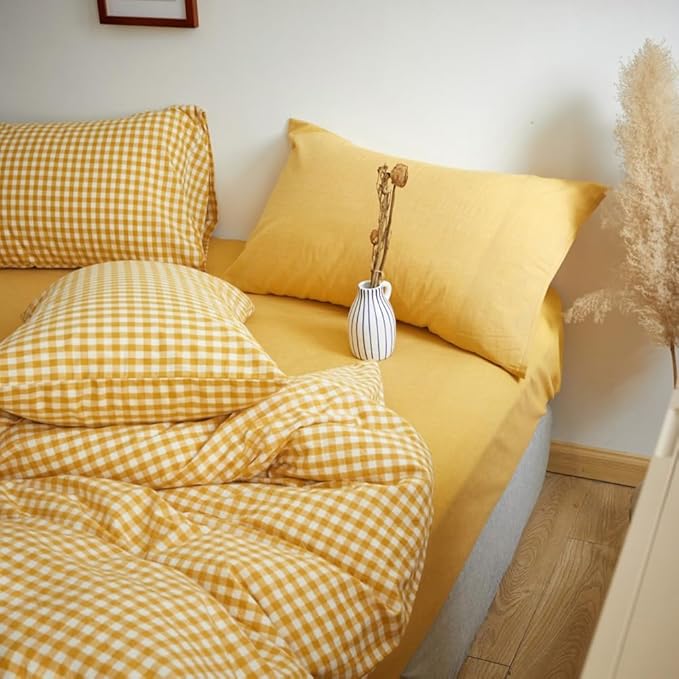 LifeTB Yellow Gingham Duvet Cover Twin 3 Piece 100% Washed Cotton Grid Bedding Set Super Soft Comfy Vintage Plaid Checkered Comforter Cover Farmhouse Breathable Gingham Bedding Set Twin