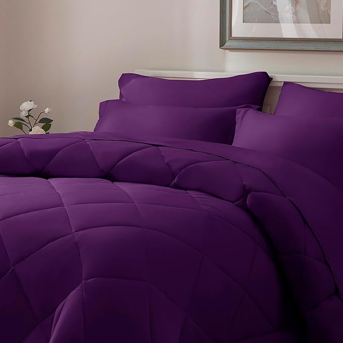 ELNIDO QUEEN® Full Comforter Set Purple- 7 Pieces Bed in a Bag Full Size, Bed Set for All Seasons, Ultra Soft Bedding Sets with Comforter, Flat Sheet, Fitted Sheet, Pillowcases and Pillow Shams