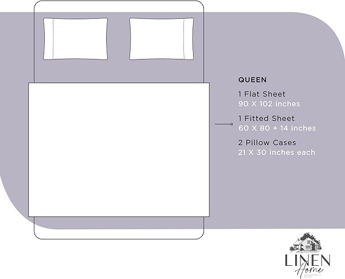 Linen Home 100% Cotton Percale Sheets Queen Size, Prelude Purple, Deep Pocket, 4 Pieces Set - 1 Flat, 1 Deep Pocket Fitted Sheet and 2 Pillowcases, Crisp Cool and Strong Bed Linen