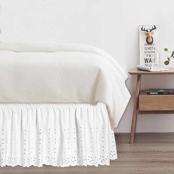 Twin Bed Skirt, Wrap-Around Elastic Ruffled Eyelet Bed Skirt Twin Size Dust Ruffle with Gathered Styling and Embroidered Details, 18" Drop Length (White)