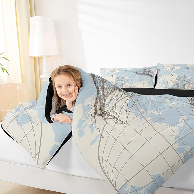 Erosebridal Nautical Comforter Set King, Vinatge Sailboat Bedding Set Room Decor, White Blue World Map Sketch Down Comforter, Retro Anchor Compass Quilt Set, Yacht Ship Bedding Comforter Sets, 3Pcs