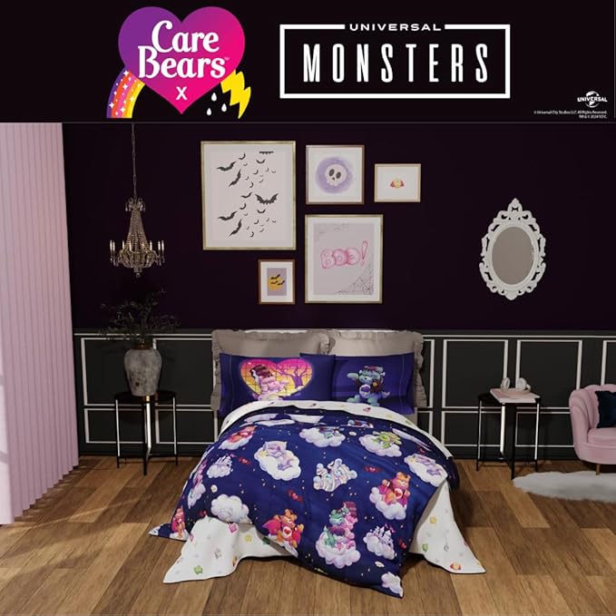 Care Bears x Universal Monsters Halloween Bedding 7 Piece Super Soft Cozy Reversible Comforter and Sheet Set with Sham, Full, (Officially Licensed Product) by Franco