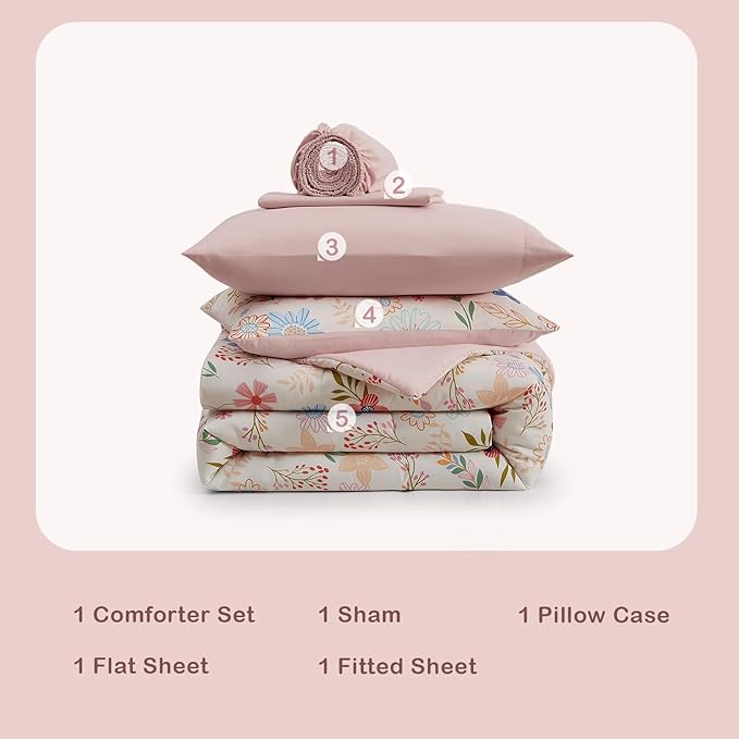 Twin Comforter Set for Girls Kids - 5 Pieces Pastel Garden Patterns Twin Bedding Sets for Girls Teen, Soft Cozy Bed in A Bag with Sheets