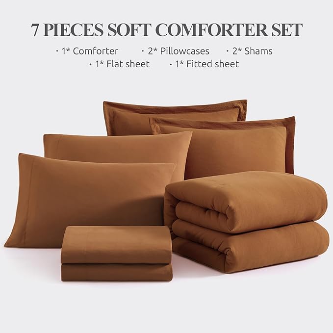 WRENSONGE Super King Plus Comforter Set- 7 Pieces Terracotta Bed in a Bag Super King Plus with Fitted Sheet, Flat Sheet, 2 Shams, and 2 Pillowcases- Warm Bedding Sets for All Season