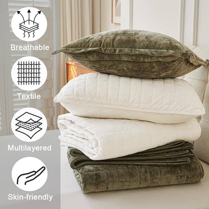 Luxurious Velvet Quilt Oversize King Size Set 120"x128" Ultra Soft Bedding Set Quilted Bedspread Coverlet with 2 Matching Pillow Shams for All Seasons,Army Green