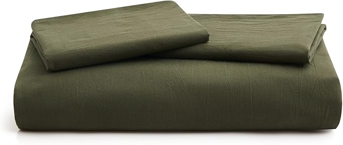 LOVQUE Olive Green Cotton Duvet Cover Queen Size, Linen Like Natural Bedding Set with Zipper Closure (No Comforter), 90x90 Inches