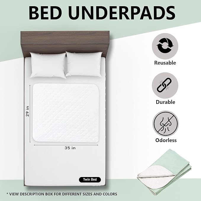 Nobles Incontinence Pads - Waterproof, Reusable & Washable - Absorbent Underpad Mattress Protectors for Bed Wetting - 29x35 - 4 Pack (Green, Tan, Pink and Blue)