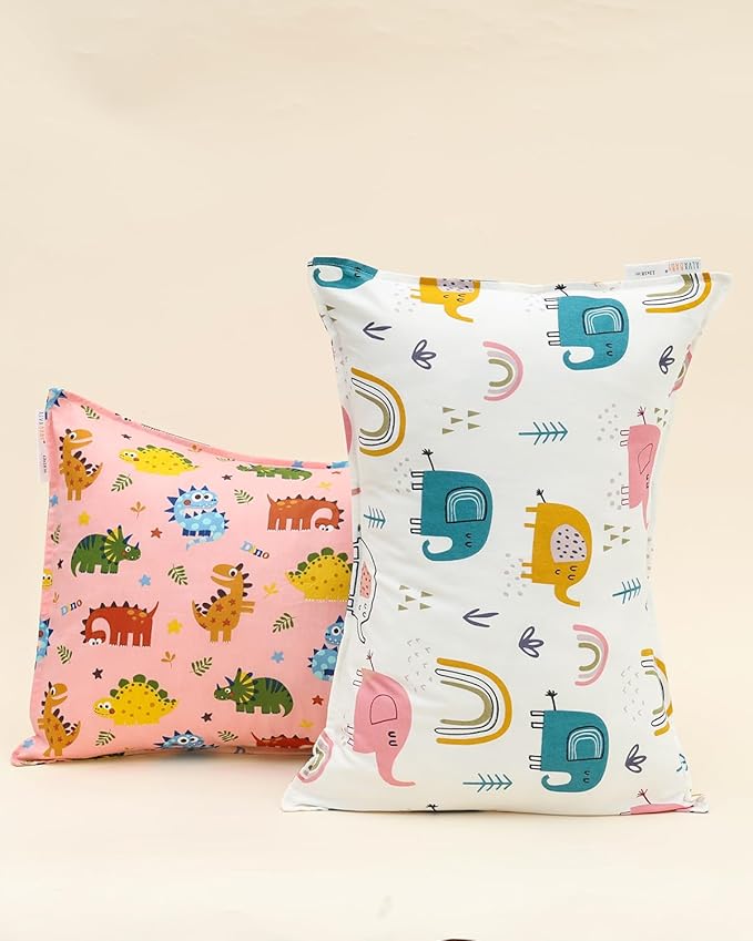 ALVABABY Toddler Pillowcases 2 Pack Organic Cotton Kids Pillow Cover Fit 13"x 18" or 14"x19" Envelope for Girl Sleepy Travel Elephant Pink Dinosaur 2TPW39A