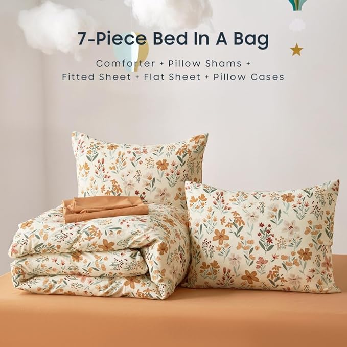 Wake In Cloud - Floral Bedding Set for Girls, Cute Colorful Botanical Flowers Patterned Soft Lightweight Comforter Set with Sheets, 7 Pieces Kids Bed in a Bag, Orange Cream, Queen Size