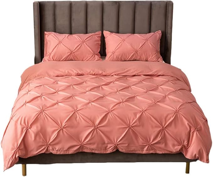 Feelyou Pinch Pleated Bedding Set Pintuck Comforter Cover Twin with Zipper Closure Luxurious Pintuck Tufted Duvet Cover for Kids Girls Solid Pink Microfiber Bedspread Cover with 1 Pillow Shams Cute