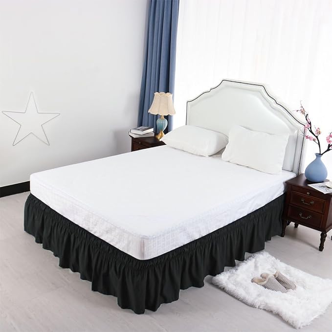 Bed Skirt - Wrap Around Bed Skirts Elastic Dust Ruffles, Easy Fit Wrinkle and Fade Resistant Luxurious Fabric Solid Color, Black Short Queen Size Beds 15 Inch Drop