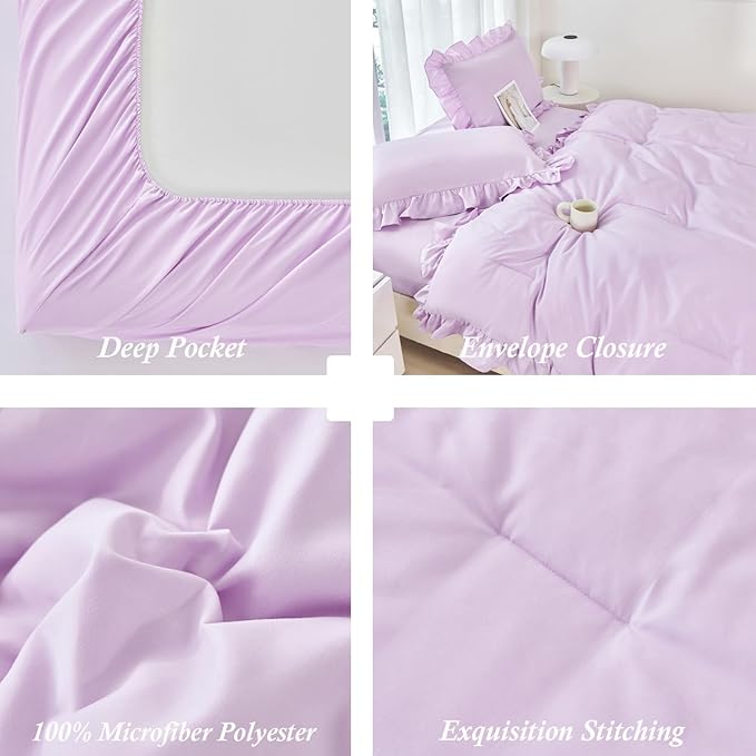 ANGIYUIN 5Pcs Purple Girls Comforter Set Full Size Ruffle Bedding Sets Lavender Farmhouse Kids Bed Sets Soft Lightweight Bed in A Bag with Sheet Sets(Purple Full)