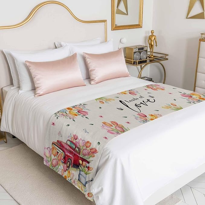 Spring Flower Tulips Red Farm Truck Bed Runners for Bedroom Hotel,Decorative Bedding Scarf Love Colorful Floral Bed End Blanket Bedding Runner Scarves for Twin Size Beds,71x20in