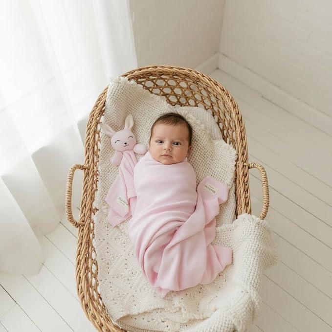 Baby Gift Set - Organic Cotton Newborn Blanket Essentials, Thoughtful Baby Shower & New Baby Gift for Boys & Girls (Lovey - Bunny - Pink)