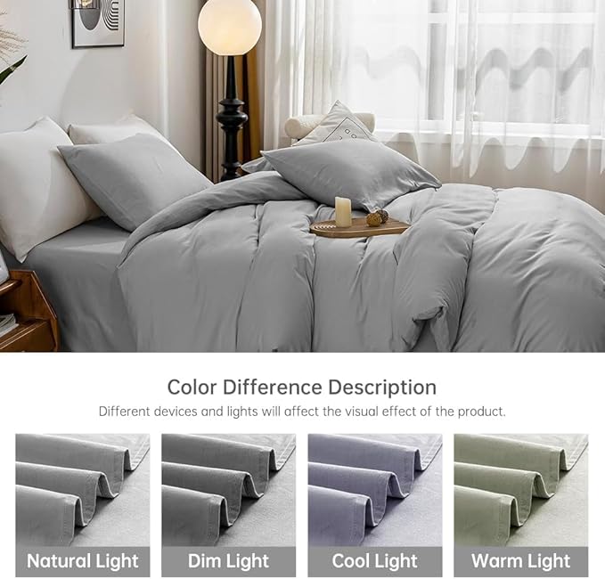 JELLYMONI Light Gray Duvet Cover Full Size - 100% Washed Cotton Linen Feel Textured Comforter Cover, 3 Pieces Breathable Soft Bedding Set with Zipper Closure (Light Gray, Full 80"x90")
