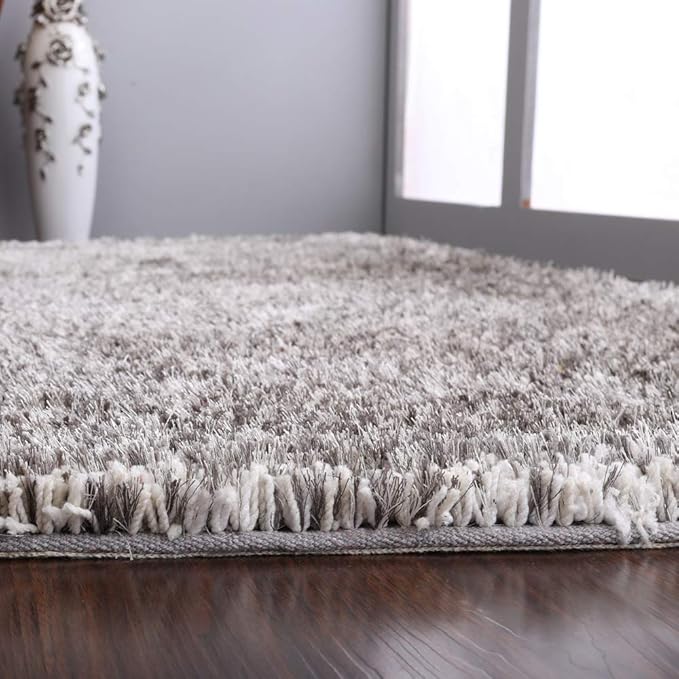 Hand Tufted SHAG Polyester ECO-Friendly Area Rugs - 5'x8', Rectangle, Gray White, Solid Plain Design, High Pile Thick Handmade Anti Skid Rugs for Living Room, Bed Room K00111