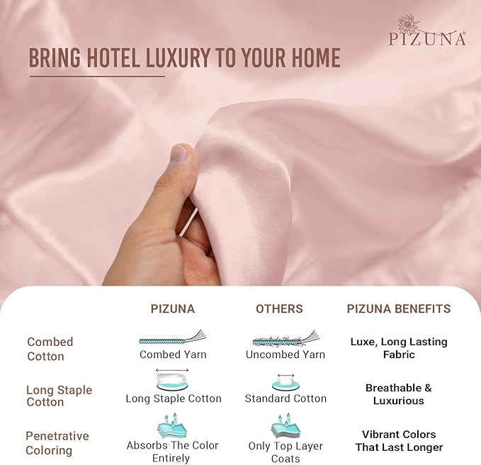 Pizuna Pure 100% Cotton Sheets Twin Size, Luxurious 400 Thread Count Long Staple Cotton Sateen Sheets with 15inch Deep Pocket (Combed Light Pink Sheet Twin)
