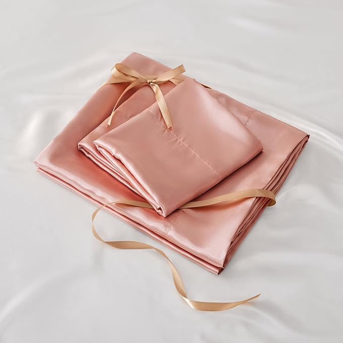 BEDELITE Satin Sheets Full Size Bed Set, Luxury Soft Rose Pink Silky Sheets for Hair and Skin, Similar to Silk Bed Sheets Set 4 Pieces with 1 Deep Pocket Fitted Sheet, 1 Flat Sheet, and 2 Pillowcases