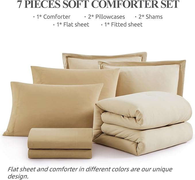 WRENSONGE King Size Comforter Set, 7 Pieces Beige Soft Bed in a Bag King with Fitted Sheet, Flat Sheet, 2 Pillow Shams, and 2 Pillowcases- Warm Bedding Set for All Season