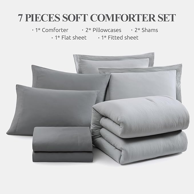 WRENSONGE Queen Comforter Set- 7 Pieces Soft Light Grey Bed in a Bag Queen with Fitted Sheet, Flat Sheet, 2 Pillow Shams, and 2 Pillowcases- Warm Bed Set for All Season