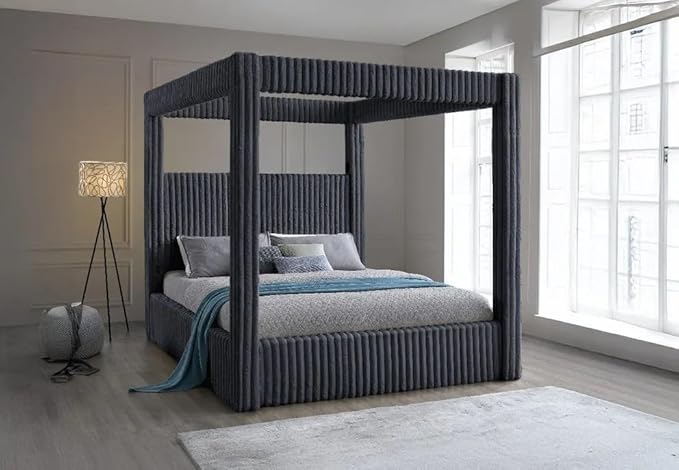 First of a Kind Serenity Edge Corduroy Canopy Bed - Modern Queen Bed with Plush Ribbed Fabric, Clean Lines, & Bold Texture - Canopy Bed Queen for Unwinding in Style & Comfort, Gray