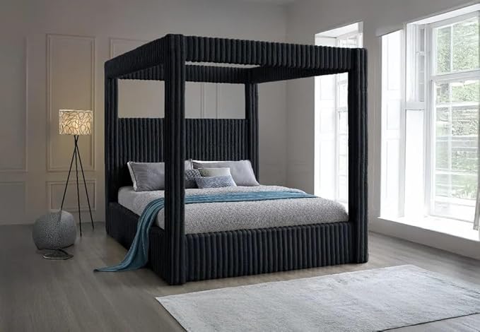 First of a Kind Serenity Edge Corduroy Canopy Bed - Modern King Bed with Plush Ribbed Fabric, Clean Lines, & Bold Texture - Canopy Bed King for Unwinding in Style & Comfort, Black