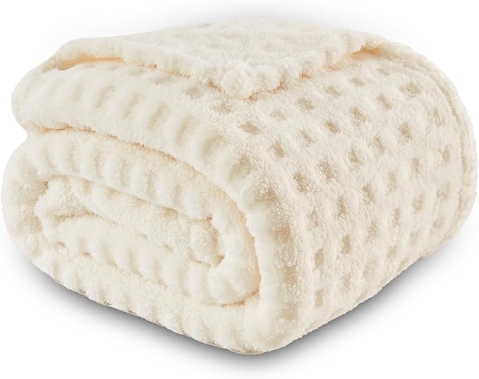 NEWCOSPLAY Super Soft Twin Blanket Ivory Premium Silky Flannel Fleece 3D Waffle Checkered Lightweight Bed Blanket All Season Use (Ivory, Twin(60"x80"))