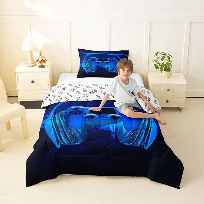 Feelyou Gamer Bedding Set Kids Video Game Gamepad Comforter Set for Boys Teens Gaming Headset Comforter Breathable Blue Game Controller Duvet Set Room Decor Quilt Set Full Size