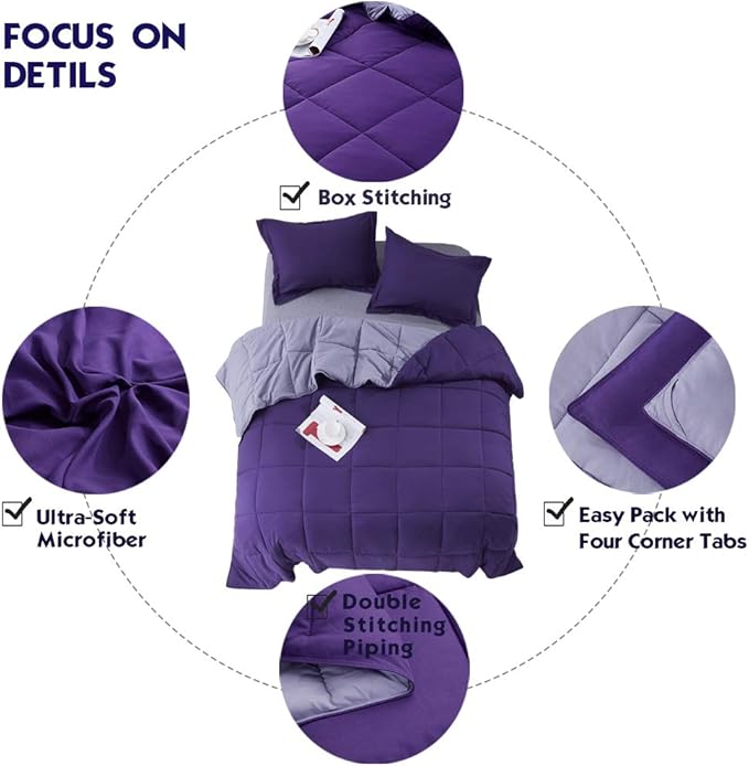 HIG 3pc Down Alternative Comforter Set - All Season Reversible Comforter with Two Shams - Quilted Duvet Insert with Corner Tabs - Box Stitched - Super Soft, Fluffy (Full/Queen, Purple)