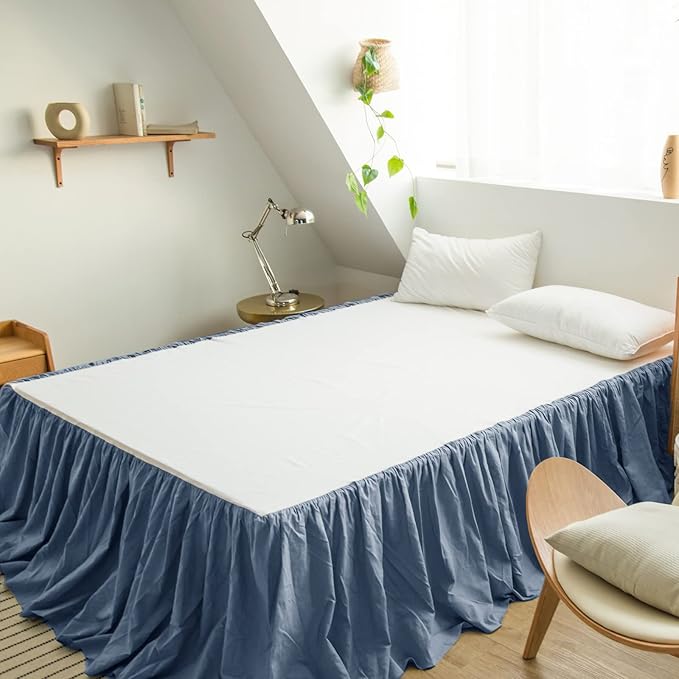 BISELINA French Linen Bed Skirt with Pleated Frills 14-Inch Tailored Drop Natural Flax Cotton Blend Dust Ruffle Soft Cozy Farmhouse Bedding (14" Twin, Navy Blue)