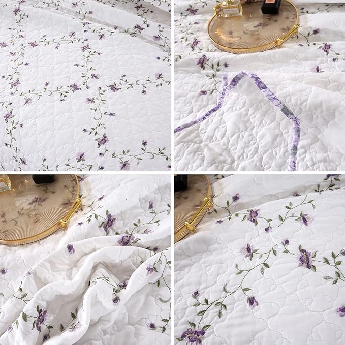 vctops 3-Piece Elegant Floral Embroidered Bedspread Coverlet Set King Size 100% Cotton Reversible Patchwork 1 Quilt and 2 Pillow Shams (Purple,King)