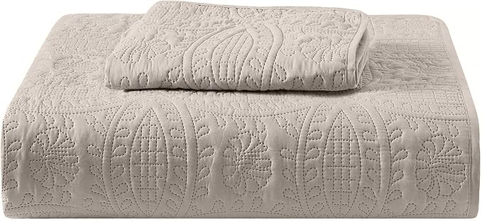 Mellanni Twin Bedspread Coverlet Set - Bedding Cover with Sham - Ultrasonic Quilting Technology - 2 Piece Oversized Quilt Set - Bedspreads & Coverlets (Twin, Beige)