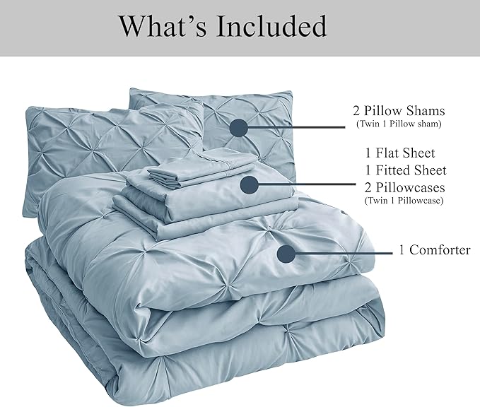 LANE LINEN Twin Comforter Set - 5 Piece - Elegant Pintuck Stitch Design Bedding - with 1 Comforter, 1 Pillowcase, 1 Sham, 1 Flat & 14" Fitted Sheet - Super-Soft, All-Season Everyday Use – French Blue | Everyday soft touch, Fade resistant, Wrinkle resis...